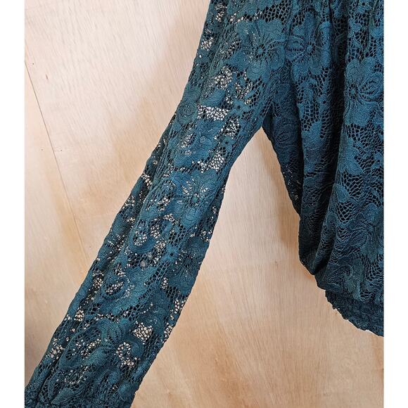 Cable & Gauge Green Mock Neck Sheer Long Sleeve Lace Floral Blouse Size M - Picture 7 of 10